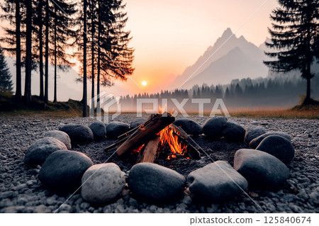 Campfire glowing under a sunset sky in a mountain landscape with trees surrounding the area. 125840674