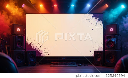 Stage with Blank Screen, Speakers, and Colorful Lighting 125840694