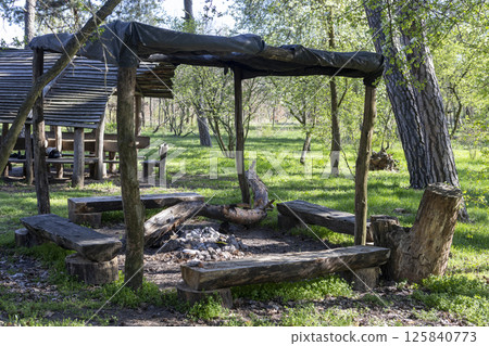 wooden gazebo in the forest 125840773