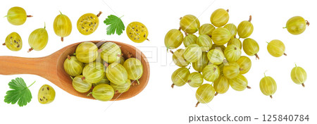 Green gooseberry isolated on white background with copy space for your text. Top view. Flat lay. Green gooseberry isolated on white background with copy space for your text. Top view. Flat lay. 125840784