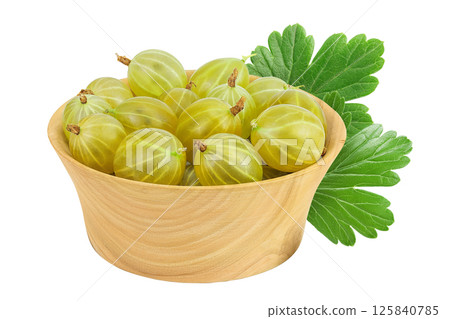 Green gooseberry in wooden bowl isolated on white background with full depth of field Green gooseberry in wooden bowl isolated on white background with full depth of field 125840785