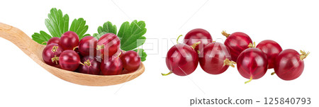 Red gooseberry in wooden spoon isolated on white background with full depth of field. 125840793