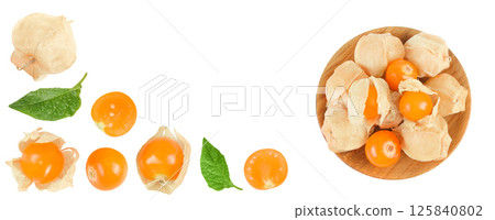 Cape gooseberry or physalis in wooden bowl isolated on white background wit with full depth of field. Top view. Flat lay 125840802