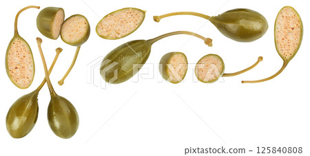 Capers isolated on white background. Pickled or canned capers. Top view with copy space for your text. Flat lay 125840808