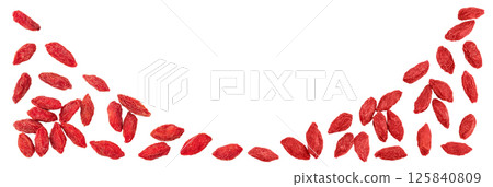 Dried goji berries isolated on white background. Top view with copy space for your text. Flat lay. 125840809