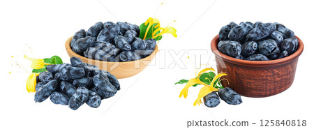 Fresh honeysuckle blue berry in wooden and ceramic bowl isolated on white background with full depth of field 125840818