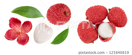 lychee fruit isolated on white background with full depth of field. Top view. Flat lay 125840819