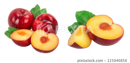 fresh red plum and half with leaves isolated on white background fresh red plum and half with leaves isolated on white background 125840858