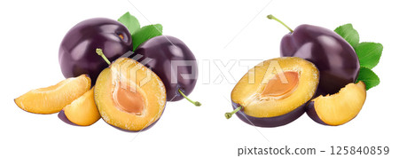 fresh purple plum and half with leaves isolated on white background with full depth of field fresh purple plum and half with leaves isolated on white background with full depth of field 125840859