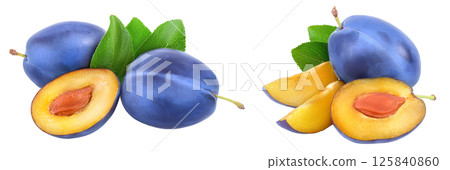 fresh plum and half with leaves isolated on white background fresh plum and half with leaves isolated on white background 125840860