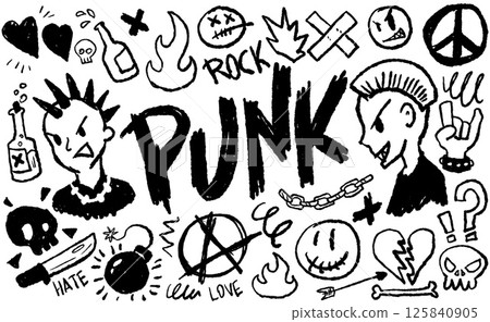 Punk rock doodles set. Hand drawn rebellious punk symbols: skulls, mohawks, chains, flames, bombs, and anarchy signs. Perfect for alternative music, street style and subculture designs. 125840905