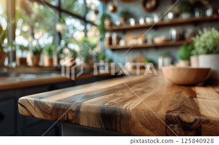 Attractive Wooden Countertop With Modern Decor in a Bright Kitchen Setting Attractive Wooden Countertop With Modern Decor in a Bright Kitchen Setting 125840928