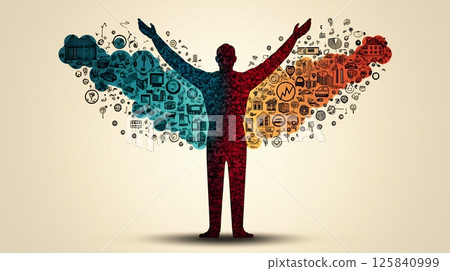 Abstract Person with Colorful Pixelated Wings of Symbols 125840999