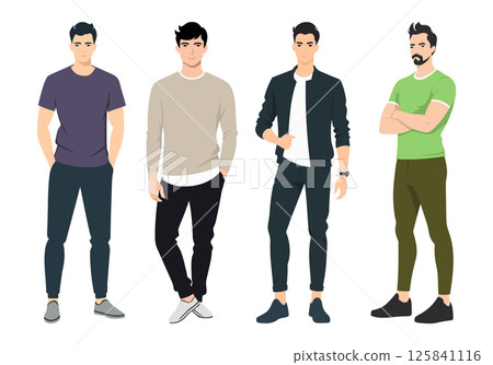 Men s Outfit Collection. A diverse illustration set featuring men in different fashionable outfits, from everyday casual wear to stylish business attire. 125841116