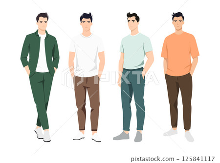 Men s Outfit Collection. A diverse illustration set featuring men in different fashionable outfits, from everyday casual wear to stylish business attire. 125841117