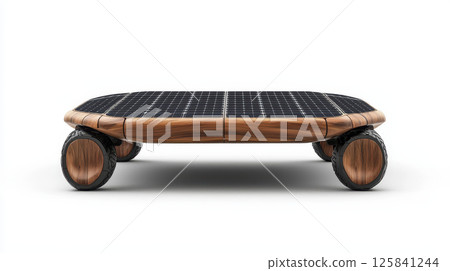 Solar panel covered wooden wheeled platform with sleek design 125841244