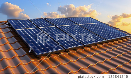 Solar panel installation on red tiled roof under blue sky 125841246