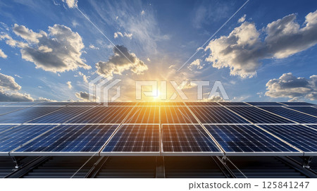 Solar panels at sunset create vibrant display of clean energy Solar panels at sunset create vibrant display of clean energy 125841247