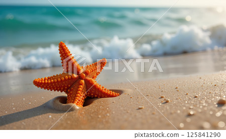 A vibrant starfish on the sandy beach near the ocean waves. 125841290