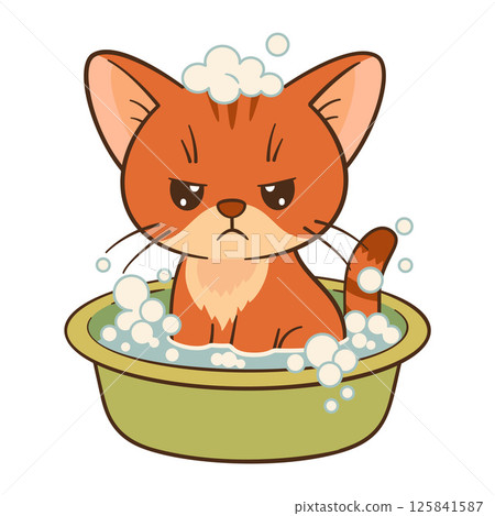 Unhappy cat sitting in green basin with water and soap bubbles. Chibi cat Flat style 125841587