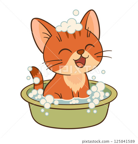 Happy cat sitting in green basin with water and soap bubbles. Chibi cat Flat style 125841589