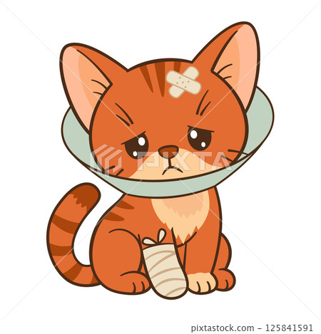 Sad orange tabby cat with cone collar and bandaged paw and ear. Chibi cat Flat style 125841591