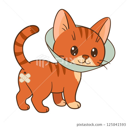 Cute orange tabby cat with cone collar after sterilization operation. Chibi cat Flat style 125841593