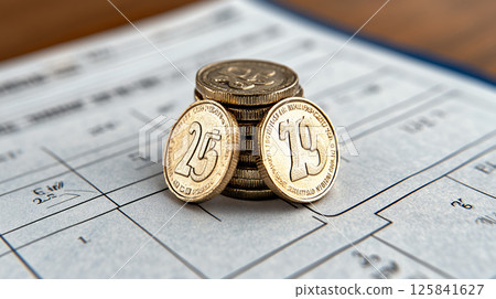 Gold coins stacked on document, symbolizing wealth and finance Gold coins stacked on document, symbolizing wealth and finance 125841627