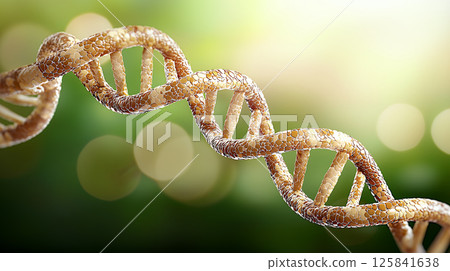 Gold DNA double helix on green bokeh background evokes wonder 125841638