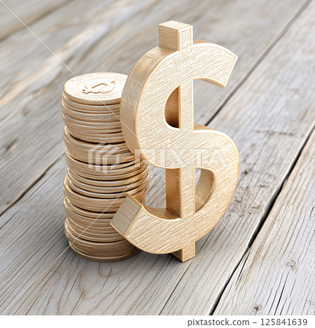 Gold dollar sign and coin stack on wooden background evoke wealth 125841639