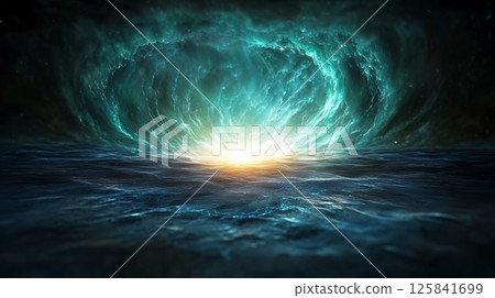 Abstract Teal and Yellow Energy Vortex Over Dark Water 125841699
