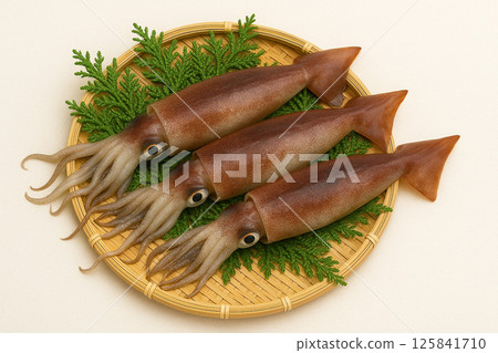 Freshly caught Japanese flying squid in a basket 125841710