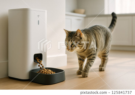 Smart pet feeder with food on the floor in a modern kitchen as a cat approaches to eat. 125841737