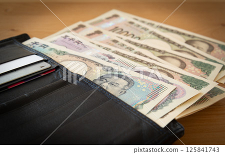 Money leaving the wallet, new banknotes, wallet and bills Money leaving the wallet, new banknotes, wallet and bills 125841743