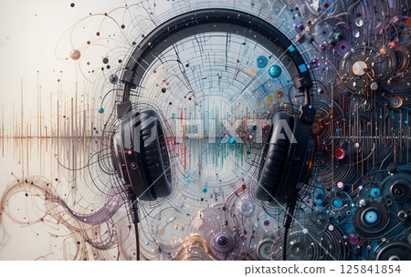 podcast and life style concept. headphones  against colorful abstract background . Ai generated 125841854