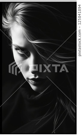 Monochrome portrait of a beautiful woman. Strong wind blows your hair 125841894