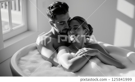 Monochrome image of a bathtub filled with foam. In the bathtub, a woman and a man in love are embracing 125841999