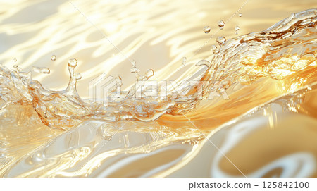 Gold background for beauty, health and beverage advertising. Luxurious golden water waves and splashes abstract texture 125842100