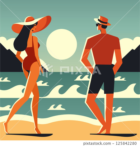 Couple on the beach in summer mid century modern flat vector illustration. 125842280