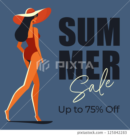 summer sale poster with woman in swimsuit in mid century modern style flat vector illustration. 125842283