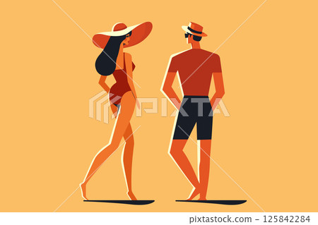 couple in summer outfits mid century modern style flat vector illustration. 125842284