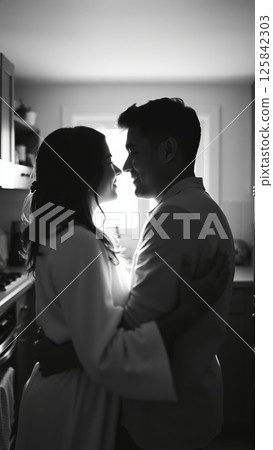 Married couple hugging in the morning in the kitchen. Man and woman in love hugging in the rays of the morning sun. Monochrome image.  125842303