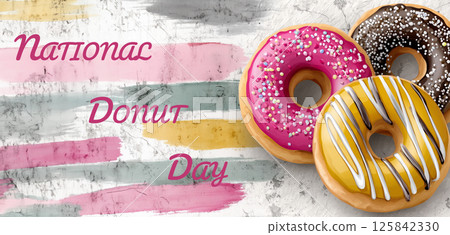 Delicious donuts celebrating national donut day with colorful background 125842330