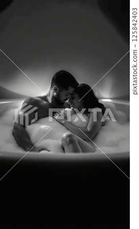 Monochrome image of a bathtub filled with foam. In the bathtub, a woman and a man in love are embracing Monochrome image of a bathtub filled with foam. In the bathtub, a woman and a man in love are embracing 125842403