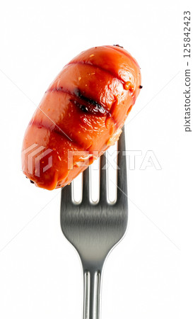 Juicy fried sausage on a white background Juicy fried sausage on a white background 125842423