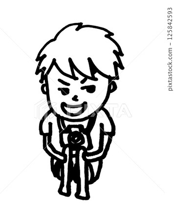 A camera boy sitting with his legs crossed and grinning A camera boy sitting with his legs crossed and grinning 125842593