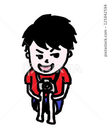 A camera boy sitting with his legs crossed and grinning A camera boy sitting with his legs crossed and grinning 125842594