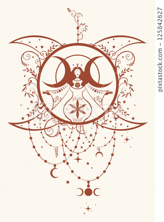 The pregnant goddess, magical triple moon, priestess. Flower of life symbol. Gothic Witch wiccan woman sacred design, moon phases. Mystical Hekate, mythology Vector isolated, boho style background The pregnant goddess, magical triple moon, priestess. Flower of life symbol. Gothic Witch wiccan woman sacred design, moon phases. Mystical Hekate, mythology Vector isolated, boho style background 125842627