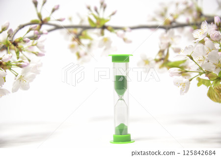 Background material: hourglass and cherry blossoms close-up 125842684