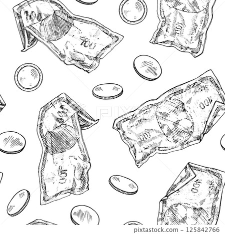Seamless vector pattern of hand drawn money elements including crumpled banknotes and coins. Vintage black and white line art design for financial themed prints, textiles, and backgrounds 125842766